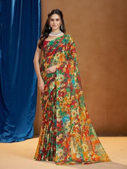 Garden VARELI - Yellow Floral Printed Saree Without Blouse