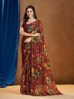 Garden VARELI - Maroon Floral Printed Saree Without Blouse