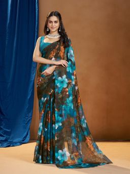 Garden VARELI - Teal Floral Printed Saree Without Blouse