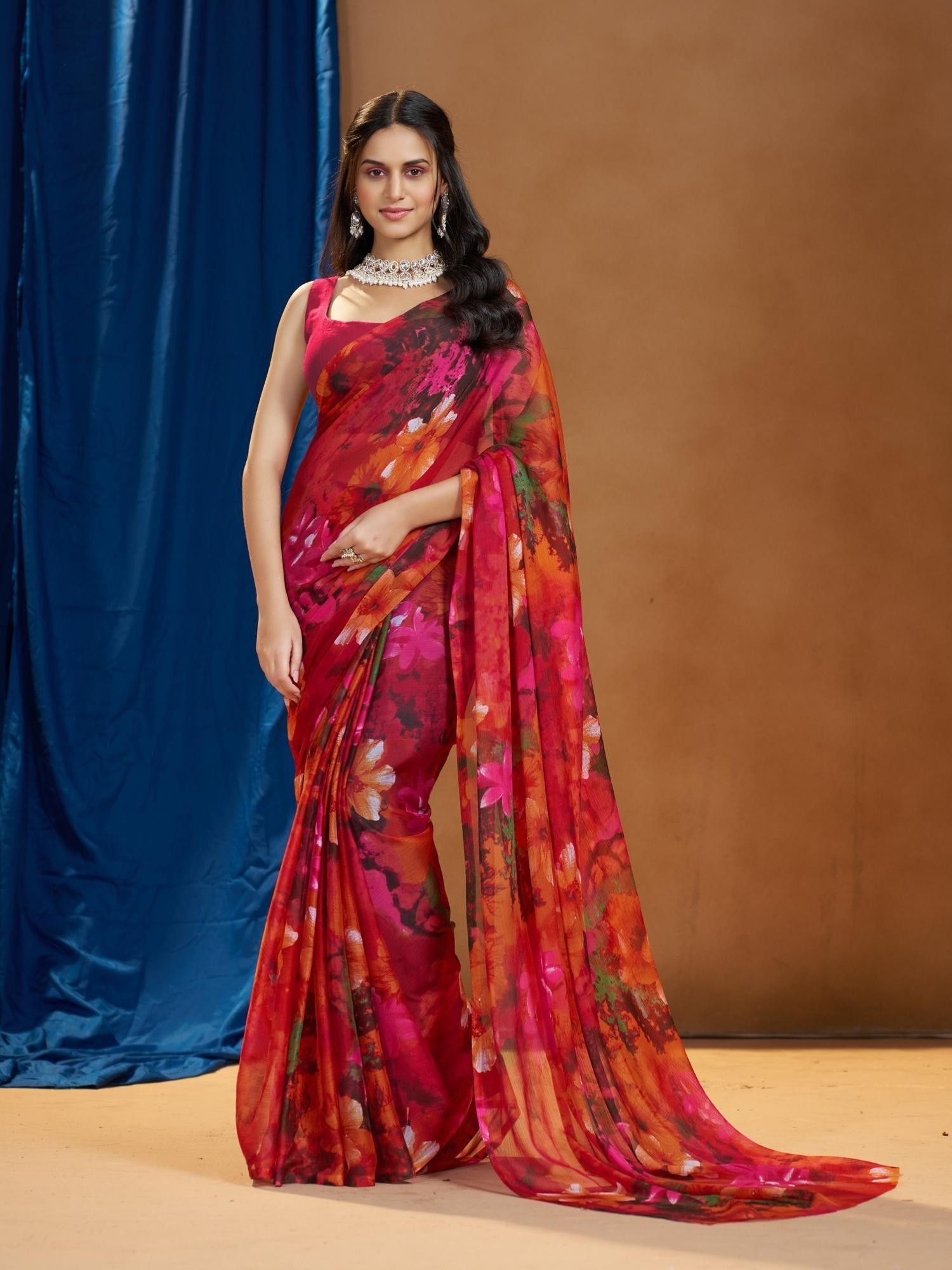 Pink Floral Printed Saree Without Blouse-image-21