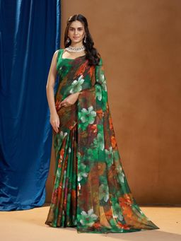 Garden VARELI - Green Floral Printed Saree Without Blouse