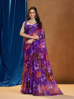 Garden VARELI - Purple Floral Printed Saree Without Blouse