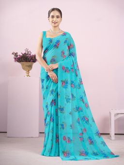 Garden VARELI - Turquoise Floral Printed Saree With Unstitched Blouse