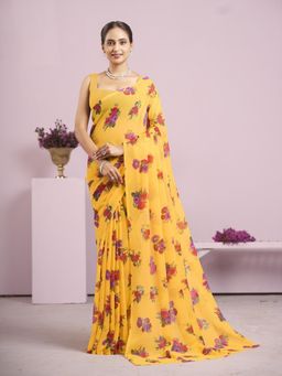 Garden VARELI - Yellow Floral Printed Saree With Unstitched Blouse