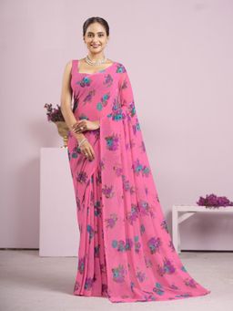 Garden VARELI - Pink Floral Printed Saree With Unstitched Blouse