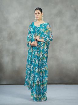 Garden VARELI - Blue Floral Printed Saree Without Blouse