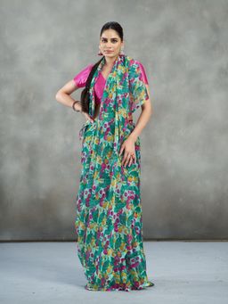 Garden VARELI - Green Floral Printed Saree Without Blouse