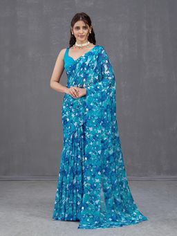 Garden VARELI - Blue Floral Printed Saree Without Blouse