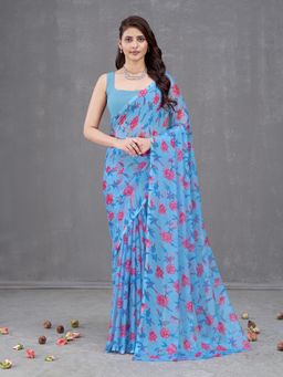 Garden VARELI - Blue Floral Printed Saree With Unstitched Blouse