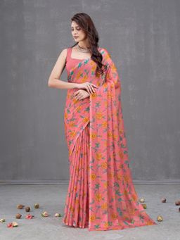 Garden VARELI - Peach Floral Printed Saree With Unstitched Blouse