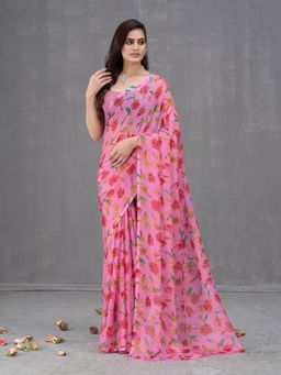 Garden VARELI - Pink Floral Printed Saree With Unstitched Blouse