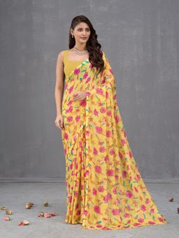 Garden VARELI - Yellow Floral Printed Chiffon Saree With Unstitched Blouse