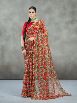 Garden VARELI - Red Floral Printed Saree Without Blouse