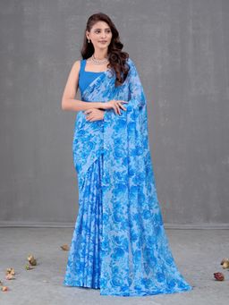 Garden VARELI - Blue Floral Printed Chiffon Saree With Unstitched Blouse