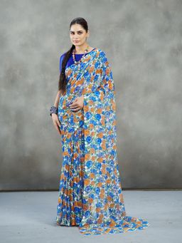 Garden VARELI - Blue Floral Printed Saree Without Blouse