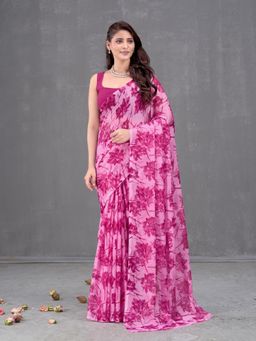 Garden VARELI - Magenta Floral Printed Chiffon Saree With Unstitched Blouse