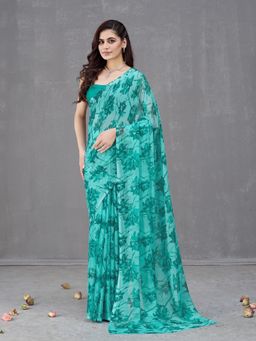 Garden VARELI - Turquoise Floral Printed Chiffon Saree With Unstitched Blouse