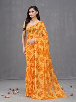 Garden VARELI - Yellow Floral Printed Chiffon Saree With Unstitched Blouse