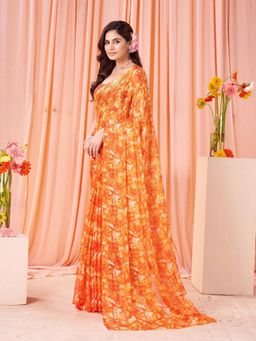 Garden VARELI - Orange Floral Printed Saree With Unstitched Blouse