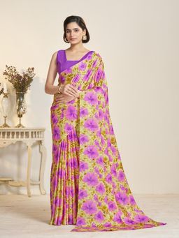 Garden VARELI - Purple Floral Printed Saree Without Blouse