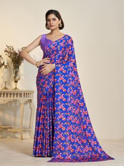 Garden VARELI - Blue Floral Printed Saree Without Blouse