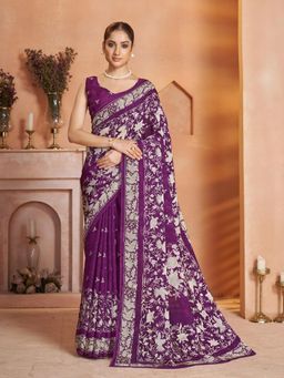 Garden VARELI - Purple Floral Printed Saree With Unstitched Blouse