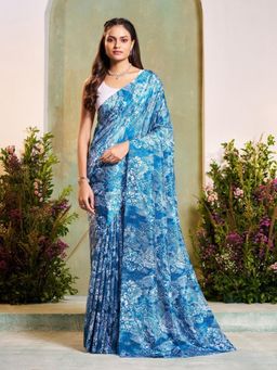 Garden VARELI - Blue Floral Printed Saree Without Blouse