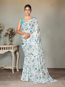 Garden VARELI - White Floral Printed Saree With Unstitched Blouse