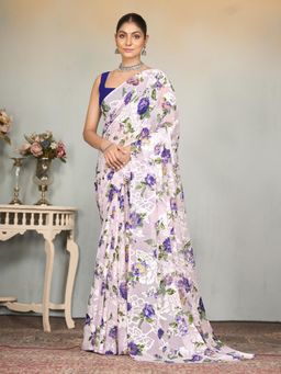 Garden VARELI - White Floral Printed Saree With Unstitched Blouse