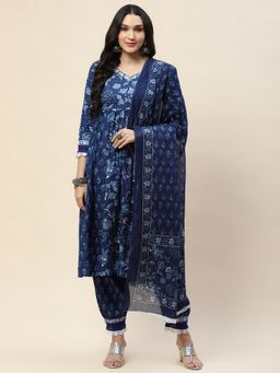 MEENA BAZAAR - Blue Floral Printed Kurta with Salwar and Dupatta