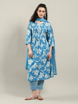 MEENA BAZAAR - Blue Floral Printed Women Kurta with Pant and Dupatta