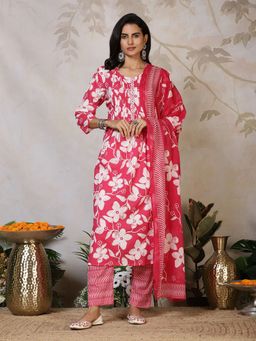 MEENA BAZAAR - Women Pink Floral Printed Kurta with Pant and Dupatta