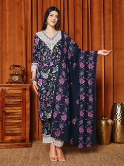 MEENA BAZAAR - Navy Blue Floral Lace Work Kurta with Pant and Dupatta