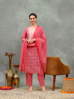 MEENA BAZAAR - Pink Geometric Thread Work Kurta with Pant and Dupatta