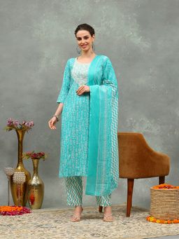 MEENA BAZAAR - Blue Thread Work Kurta with Pant and Dupatta