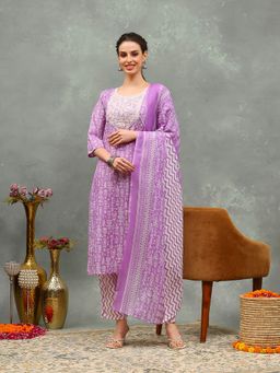MEENA BAZAAR - Purple Printed Thread Work Kurta with Pant and Dupatta