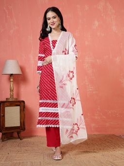 MEENA BAZAAR - Red Stripes Mirror Work Kurta with Pant and Dupatta