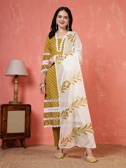 MEENA BAZAAR - Green Stripes Mirror Work Kurta with Pant and Dupatta