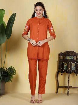 MEENA BAZAAR - Orange Solid Embroidered Co-Ord Set