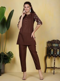 MEENA BAZAAR - Brown Solid Embroidered Co-Ord Set