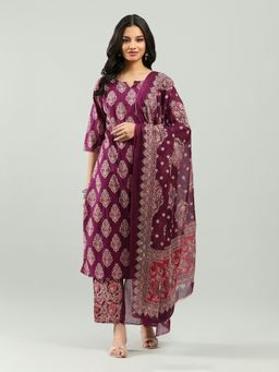 MEENA BAZAAR - Purple Floral Printed Kurta with Pant and Dupatta