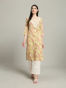 MEENA BAZAAR - Yellow Floral Thread Work Kurta with Palazzo