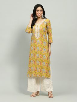 MEENA BAZAAR - Mustard Floral Thread Work Kurta with Palazzo