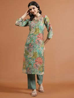 MEENA BAZAAR - Green Floral Thread Work Kurta with Pant