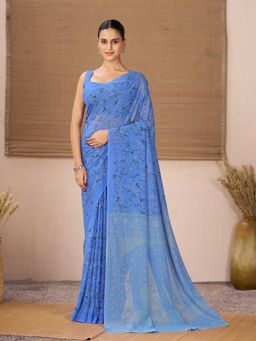 Garden VARELI - Blue Floral Printed Georgette Saree With Unstitched Blouse