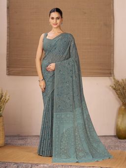 Garden VARELI - Grey Floral Printed Georgette Saree With Unstitched Blouse