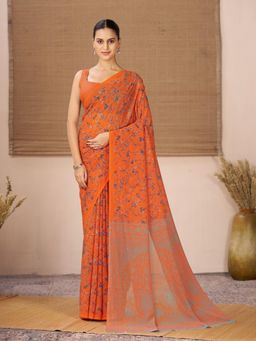 Garden VARELI - Orange Floral Printed Georgette Saree With Unstitched Blouse