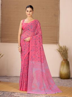 Garden VARELI - Pink Floral Printed Georgette Saree With Unstitched Blouse