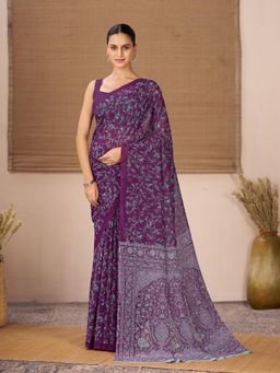 Garden VARELI - Purple Floral Printed Georgette Saree With Unstitched Blouse