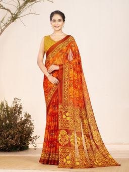 Garden VARELI - Orange Printed Chiffon Saree With Unstitched Blouse
